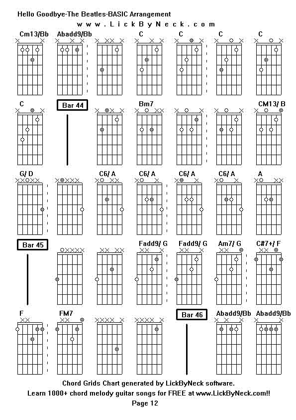 Chord Grids Chart of chord melody fingerstyle guitar song-Hello Goodbye-The Beatles-BASIC Arrangement,generated by LickByNeck software.